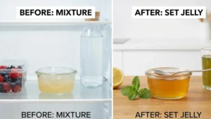 Gelatin Weight Loss Recipe 17 Homemade gelatin mixture setting into jelly inside the refrigerator for a healthy low-calorie snack.