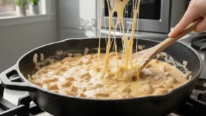 Best Turbriskafil Recipe 23 Melting cheese into creamy turbriskafil sauce.