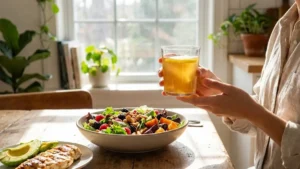 Gelatin Weight Loss Recipe 18 Person drinking a gelatin weight loss drink before a healthy meal to reduce hunger and control portions.