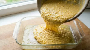 The Best Corn Pudding Recipe 19 Pouring corn pudding batter into baking dish