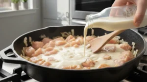 Best Turbriskafil Recipe 18 Pouring cream into skillet for turbriskafil sauce.