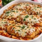 Ragu chicken parm recipe baked in a white casserole dish with crispy breaded chicken, melted mozzarella and Parmesan cheese, tomato sauce, and pasta
