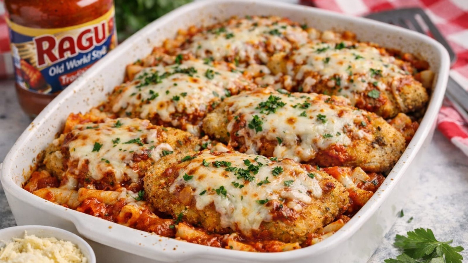 Ragu Chicken Parm Recipe – Easy Baked Chicken Parmesan with Cheesy Pasta 1 Ragu chicken parm recipe baked in a white casserole dish with crispy breaded chicken, melted mozzarella and Parmesan cheese, tomato sauce, and pasta