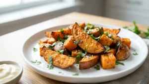 Sweet Potato Recipe 22 Roasted sweet potato recipe served on a plate with fresh herbs