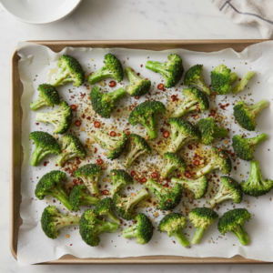 CAVA Fiery Broccoli Recipe 16 Seasoned broccoli arranged on baking tray