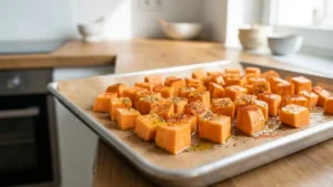 Sweet Potato Recipe 20 Seasoned sweet potato cubes arranged on a baking tray for roasting