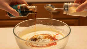 Crab Rangoon Dip Recipe 15 Seasonings being added to creamy crab rangoon dip mixture
