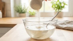 Gelatin Weight Loss Recipe 14 Unflavored gelatin powder dissolving in warm water in a glass bowl to prepare a healthy gelatin weight loss drink.