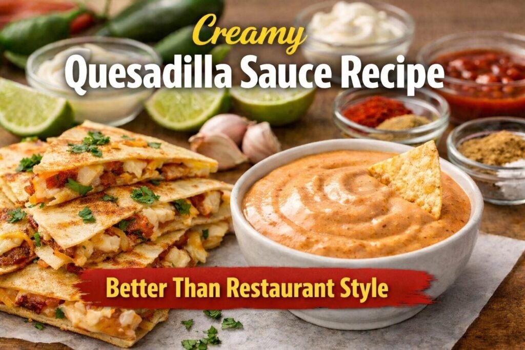 Creamy Quesadilla Sauce Recipe 2 Creamy homemade quesadilla sauce served with crispy chicken quesadillas and fresh ingredients - Quesadilla Sauce Recipe