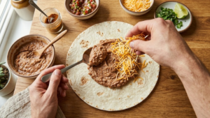 Adding bean mixture and cheese to tortilla for baked beans burrito recipe
