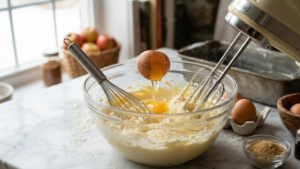 Stock’s Bakery Pound Cake Recipe 16 Adding eggs to pound cake batter mixture.