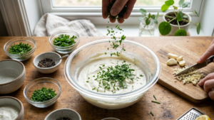 Adding fresh herbs and garlic to creamy ranch mixture for Mazzios ranch recipe
