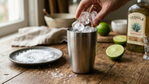 Adding ice cubes into a cocktail shaker.