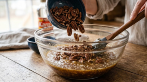 Goode Pecan Pie Recipe 16 Adding pecan halves into the pecan pie filling mixture.