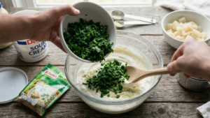 Knorr Spinach Dip Recipe – The Classic Creamy Party Dip Everyone Loves 8 Adding spinach to dip mixture