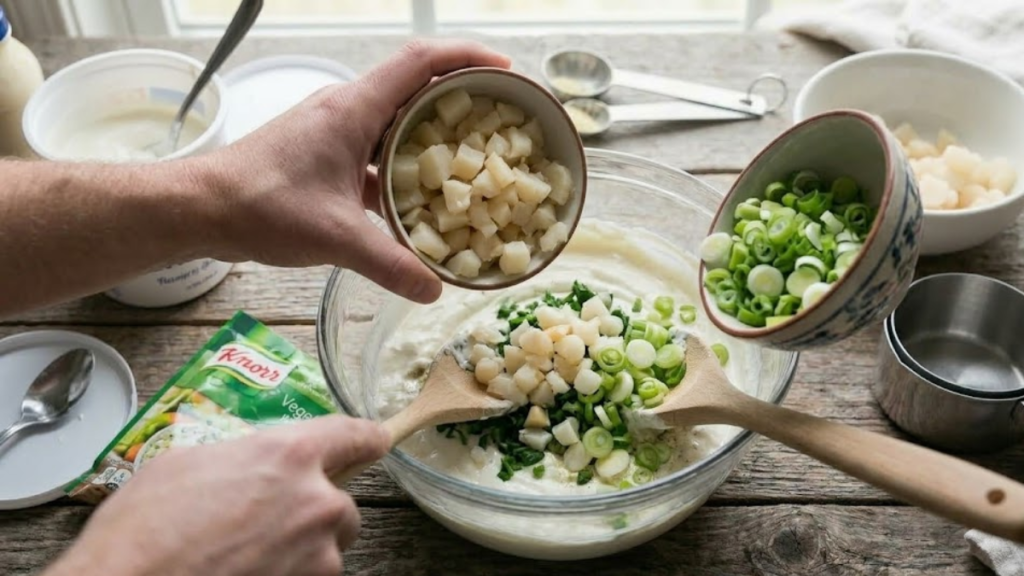 Knorr Spinach Dip Recipe – The Classic Creamy Party Dip Everyone Loves 2 Adding water chestnuts and green onions to spinach dip - Knorr Spinach Dip Recipe