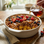 Barefoot Contessa baked French toast casserole with golden crispy top and maple syrup drizzle