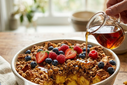 Barefoot Contessa baked French toast casserole with golden crispy top and maple syrup drizzle