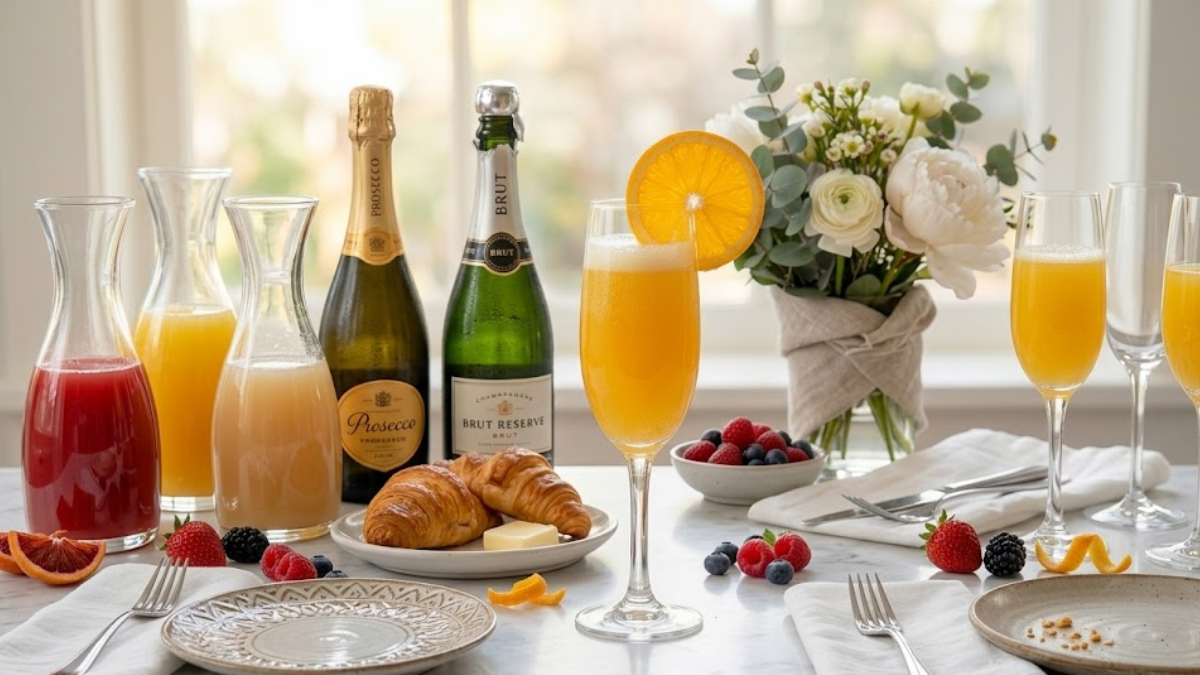 Classic Mimosa Recipe 13 Brunch table setup with multiple mimosa glasses, fruits, and champagne bottles