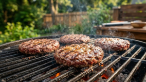 Classic Cookout Recipes 16 Burger patties grilling on an outdoor cookout grill