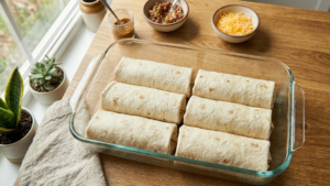 Burritos arranged in baking dish seam side down before baking