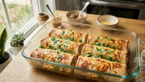 Cheesy baked beans burritos fresh from oven with melted cheese