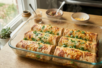 Cheesy baked beans burritos fresh from oven with melted cheese