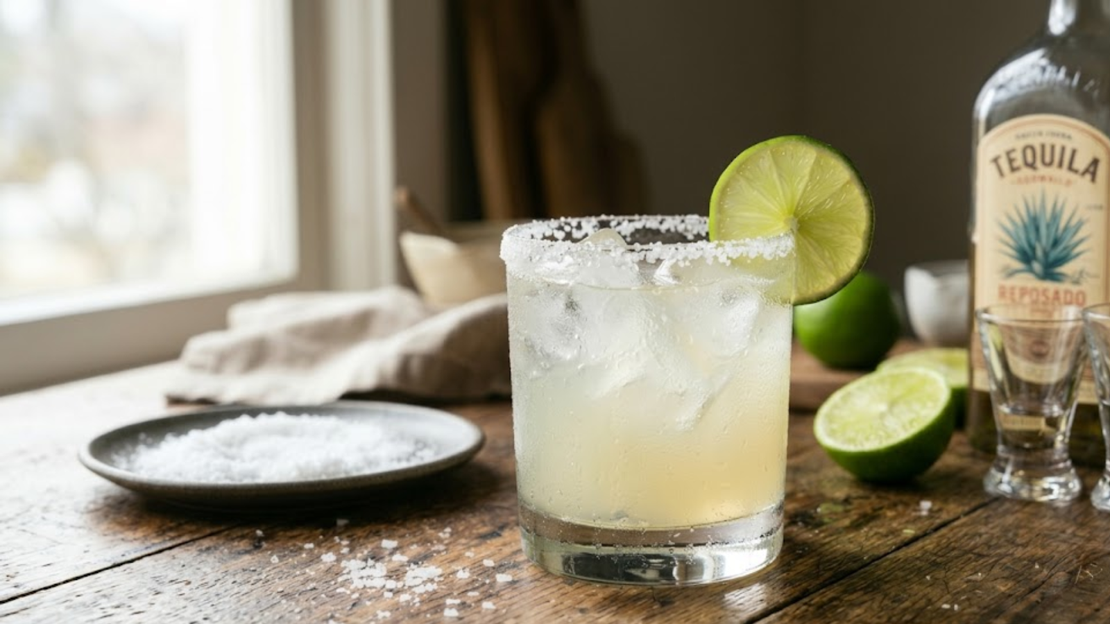 Classic margarita cocktail with lime and salted rim on rustic table.