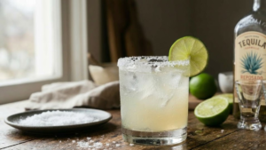 Classic margarita cocktail with lime garnish.