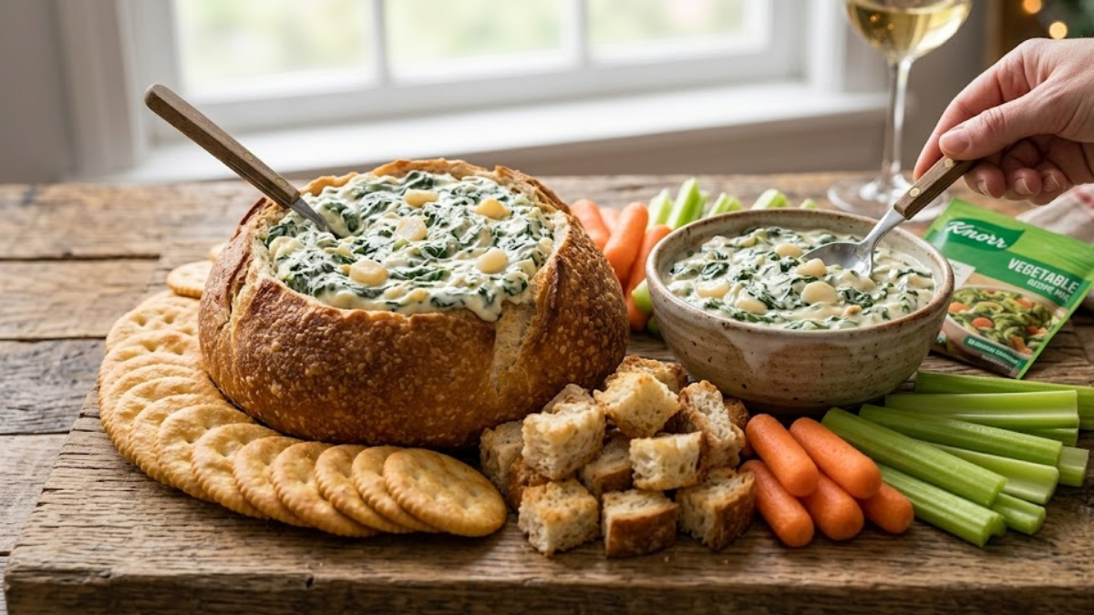 Knorr Spinach Dip Recipe – The Classic Creamy Party Dip Everyone Loves 1 Creamy Knorr spinach dip served with crackers and vegetables