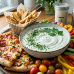 Creamy Mazzios ranch dressing served with pizza, fries, and vegetables