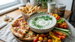 Creamy Mazzios ranch dressing served with pizza, fries, and vegetables