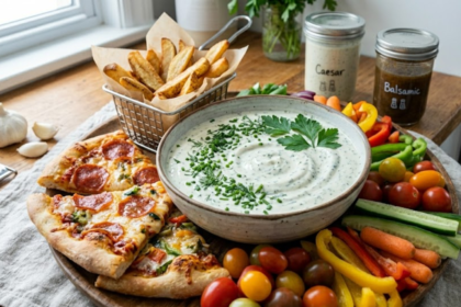 Creamy Mazzios ranch dressing served with pizza, fries, and vegetables
