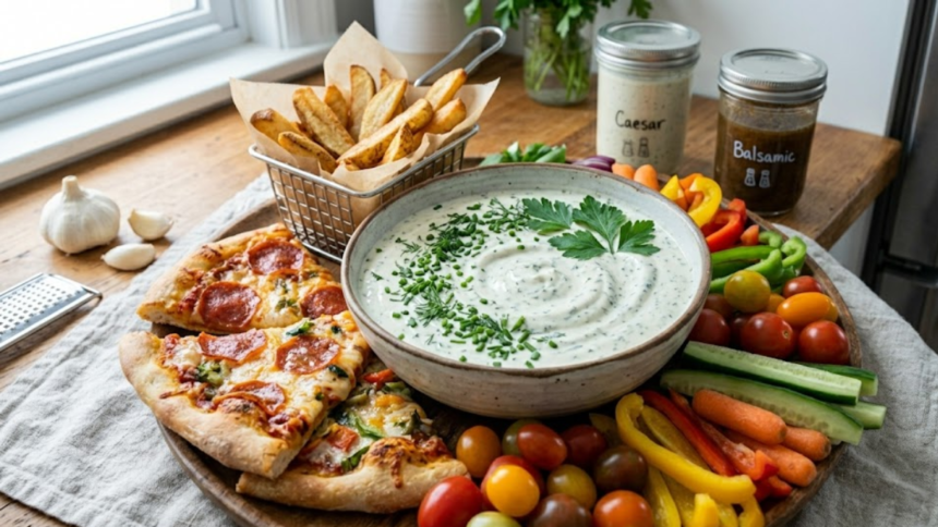 Creamy Mazzios ranch dressing served with pizza, fries, and vegetables