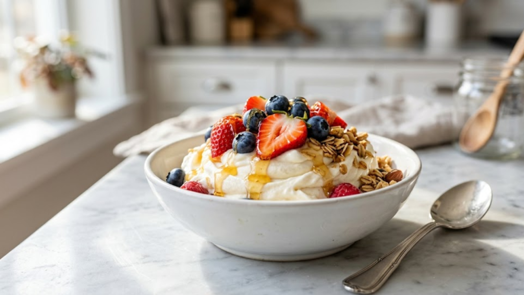 Creamy homemade froyo recipe with fresh berries and granola in a white bowl