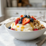 Creamy homemade froyo recipe with fresh berries and granola in a white bowl