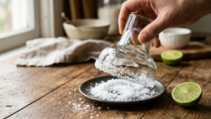 Dipping a margarita glass rim into salt.