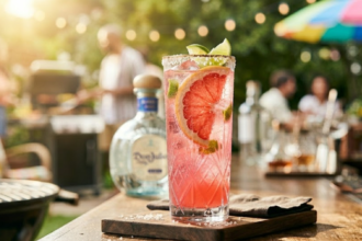 Don Julio Paloma cocktail with grapefruit and salted rim in bright summer setting