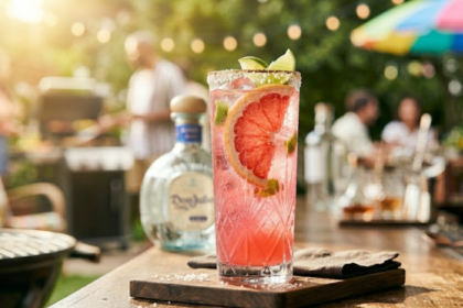 Don Julio Paloma cocktail with grapefruit and salted rim in bright summer setting