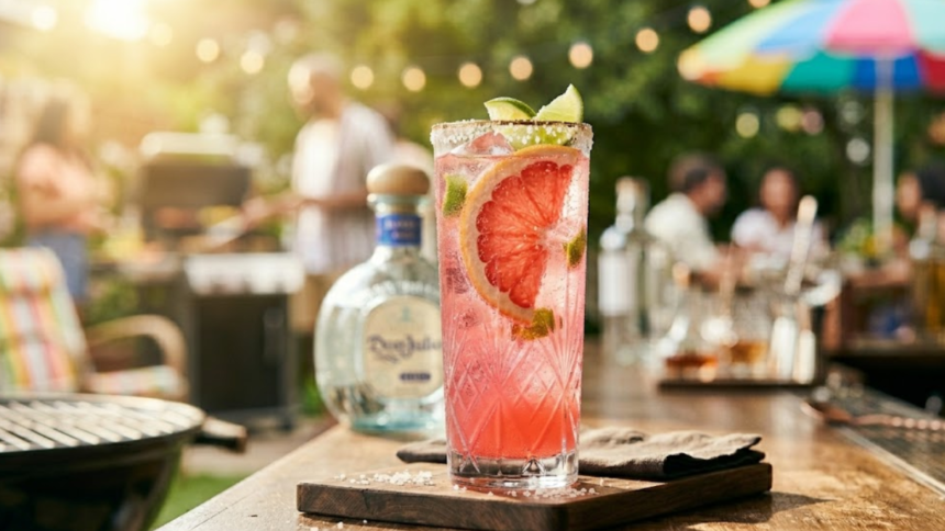 Don Julio Paloma Recipe 1 Don Julio Paloma cocktail with grapefruit and salted rim in bright summer setting