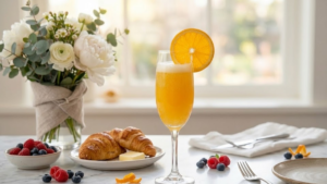 Classic Mimosa Recipe 19 Finished mimosa cocktail served in a champagne flute with brunch food in the background
