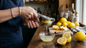 Lemon Drop Recipe 15 Fresh lemon juice being squeezed with a citrus juicer for a lemon drop recipe