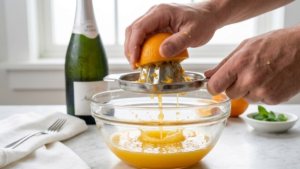 Classic Mimosa Recipe 15 Fresh oranges being squeezed into juice for making a mimosa cocktail