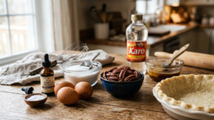 Goode Pecan Pie Recipe 14 Ingredients for Goode pecan pie recipe including pecans, eggs, corn syrup, sugar, butter, and pie crust.