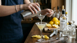 Lemon Drop Recipe 18 Lemon drop cocktail being strained into a sugar rimmed martini glass