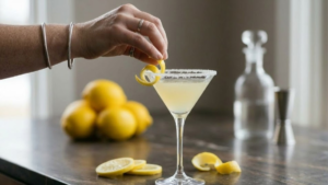 Lemon Drop Recipe 19 Lemon twist garnish placed on a lemon drop martini glass with sugar rim