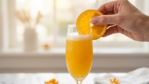 Classic Mimosa Recipe 18 Mimosa cocktail garnished with a fresh orange slice on the rim of the glass