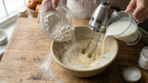 Stock’s Bakery Pound Cake Recipe 18 Mixing flour and milk into pound cake batter.