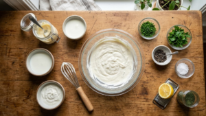 Mixing mayonnaise, buttermilk, and sour cream in a bowl for Mazzios ranch recipe