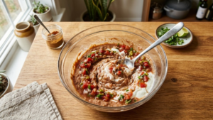 Mixing refried beans, salsa, and sour cream for baked beans burrito recipe